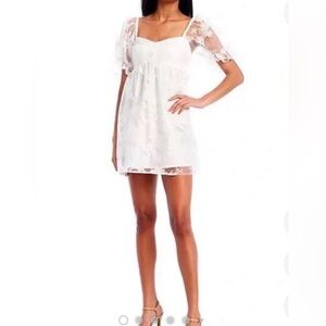 Chic White Lace Baby Doll Dress with Floral Design and Sheer Overlay